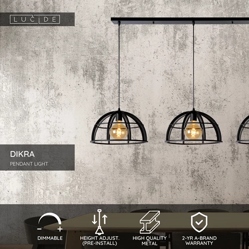 Lucide DIKRA - Pendant light - Ø 40 cm - 3xE27 - Black - USP